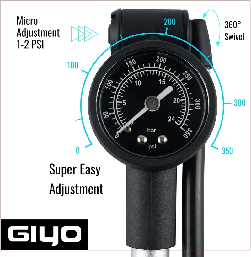 Giyo مضخة صدمات عالية الضغط (350 PSI) – قفل ذراع قوي لمنع فقدان الهواء، برميل ألمنيوم، مقياس قرص 1.5 بوصة، صمام تخفيف دقيق، خرطوم دوار 360°، صنع في تايوان - Image 4